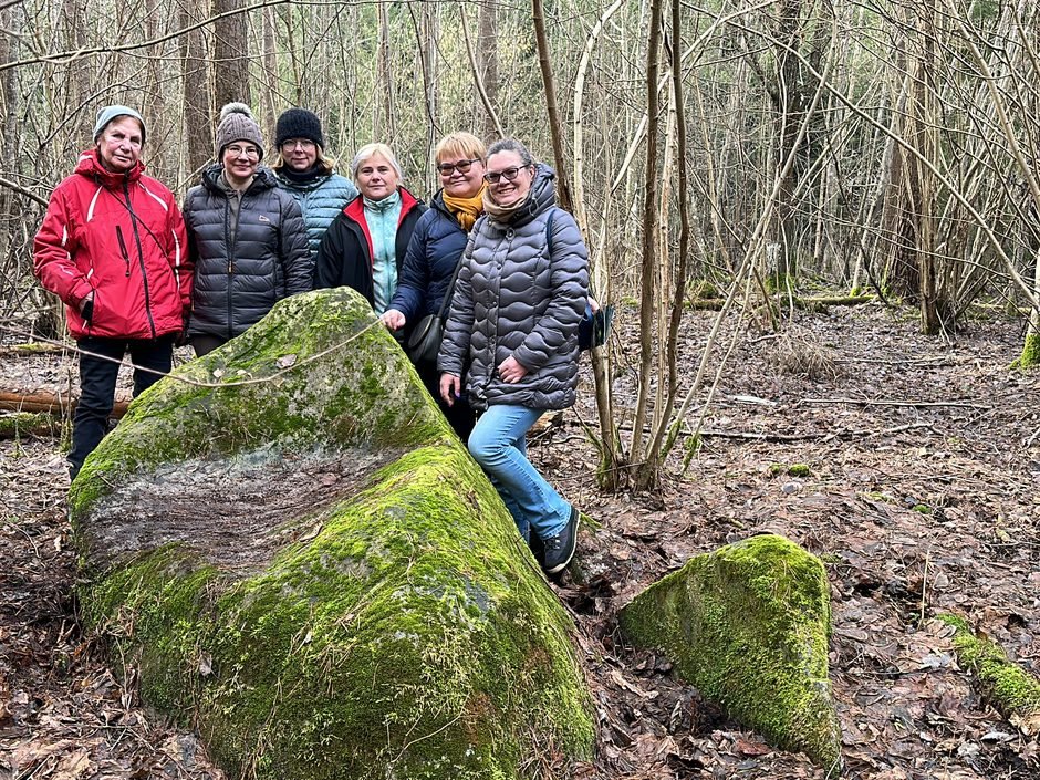 Ekskursijos grupė prie samanoto Akmenės krašto mitologinio akmens miške